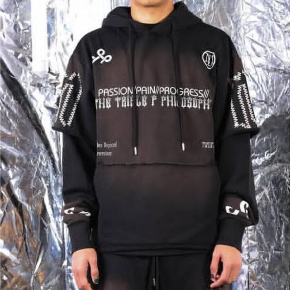 Live Mechanics NEW LM 2FER HOODIE Men's Large Distressed Streetwear Black